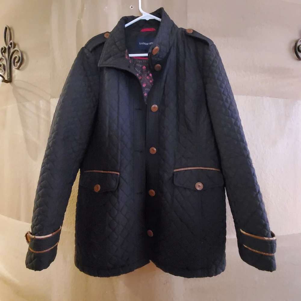 Lands End Black Quilted Jacket Floral Interior Primaloft Lightweight Sz Large - Picture 3 of 15